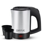 DIVYA SBS-500 Stainless Steel 500 ML Electric Kettle with Handle | 2 Glasses Free | 500 Watts | Energy Efficient | Fast Boiling & Keep Warm Function | 0.5 Liter | 1 Year Warranty | Silver & Black